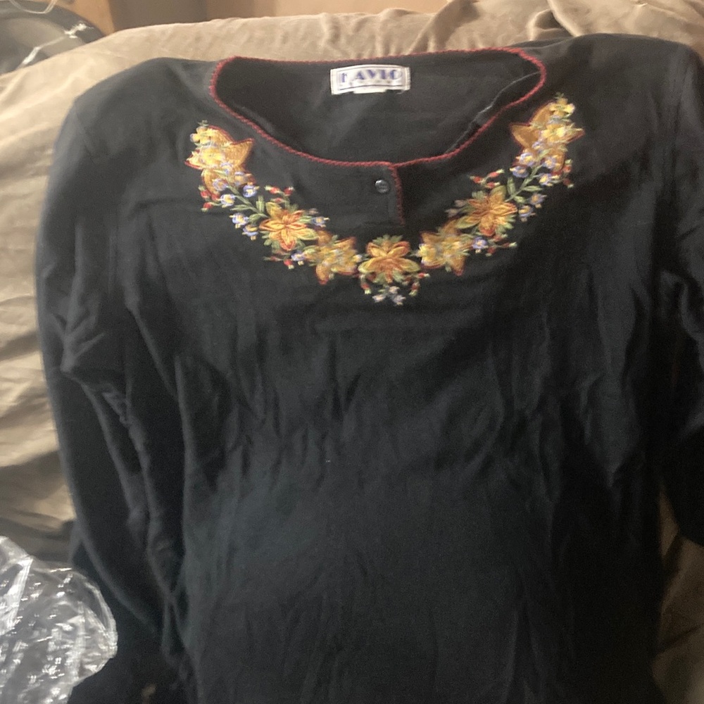 Kavio Black Long Sleeve Top with Floral Embroidery